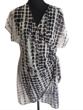 Black & White Printed Wrap Swim Coverup Whimsical Sheer Faux Wrap Size L